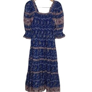 Sea New York Rosita Blue Floral Smocked Midi Dress Women Size S